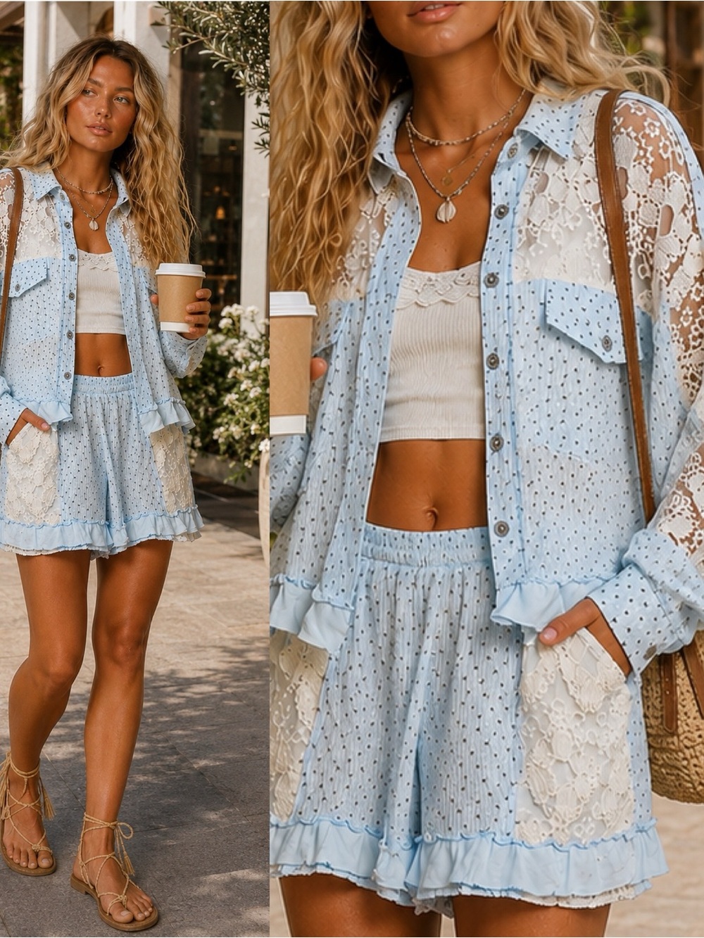 POL “ Coastal Keepsake Set “ | Crochet Patchwork Boho Lounge Set | Sky Blue